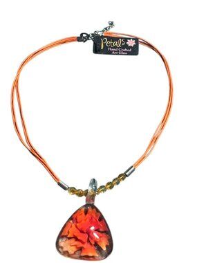 Handcrafted Orange Glass Pendant Necklace With Artful Floral Design & Bead Accen